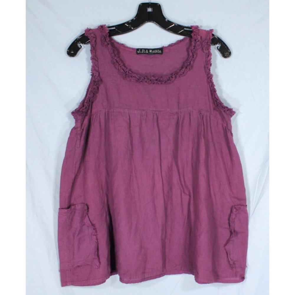 J.P. & MATTIE Purple COTTON LAWN Lagenlook BLOUSE/TANK TOP Patch/Fray Trim S